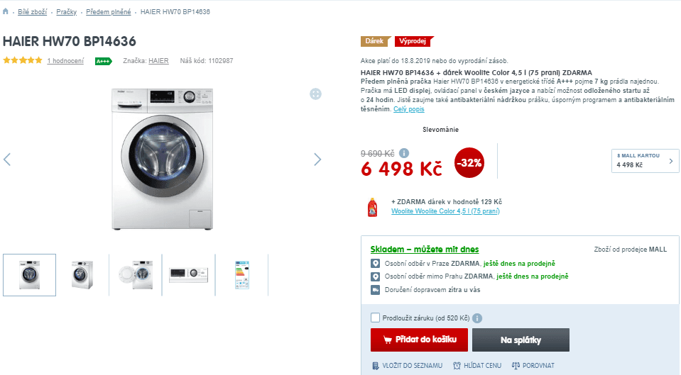 Pračka Haier, A+++, 7 kg, 1400 ot./min
