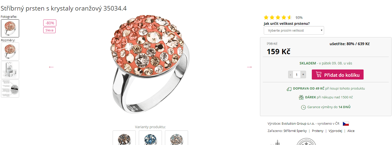 Stříbrný prsten s krystaly oranžový