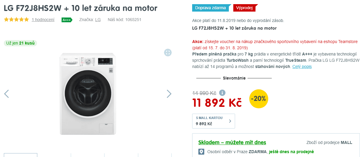 Pračka LG, pára, 7kg, 1200 ot., A+++, Wifi