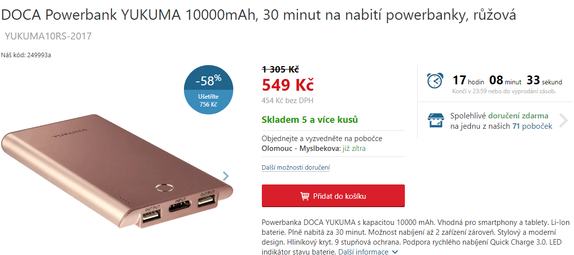 Powerbanka Yukuma, 10000 mAh, 30 minut