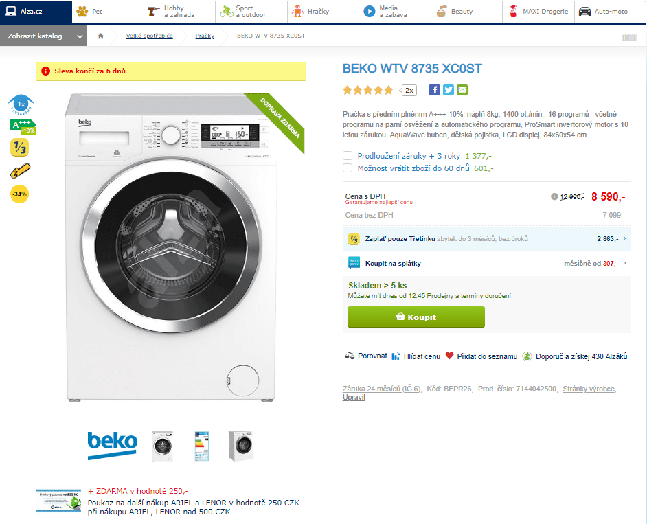 Parní pračka Beko, 8kg, 1400 ot., A+++
