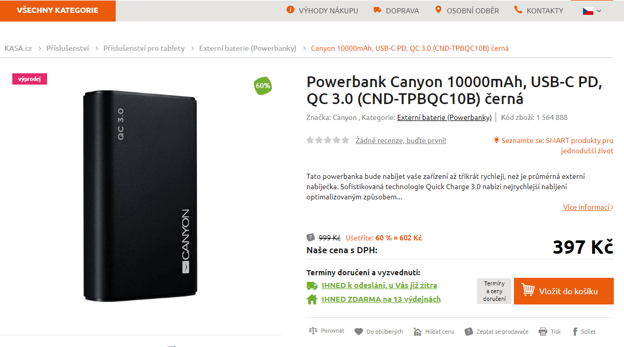Powerbanka Canyon 10 000 mAh, QC 3.0
