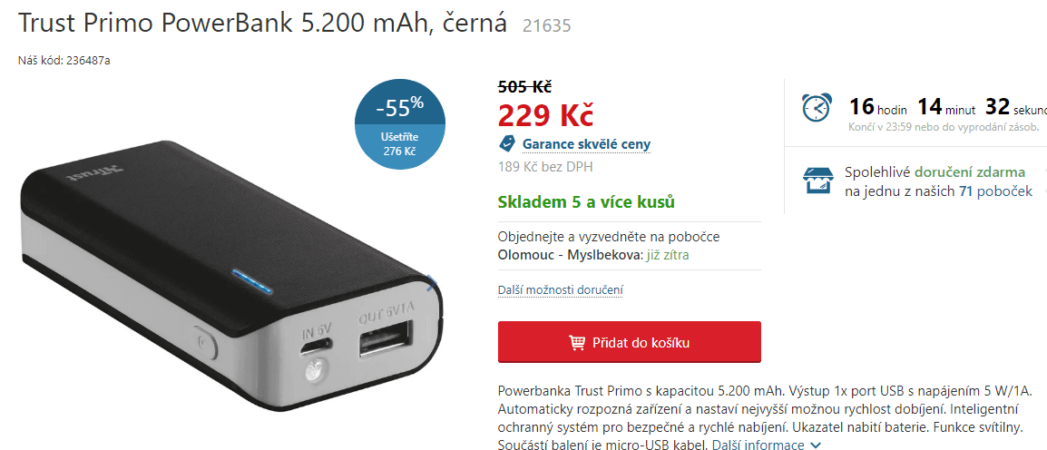 Powerbanka Trust Primo, 5200 mAh