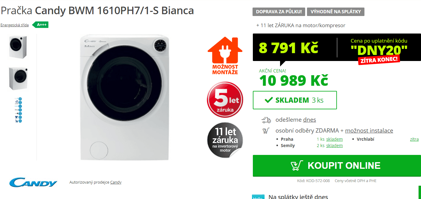 Pračka Candy, 10kg, 1600 ot., pára, A+++, Wifi