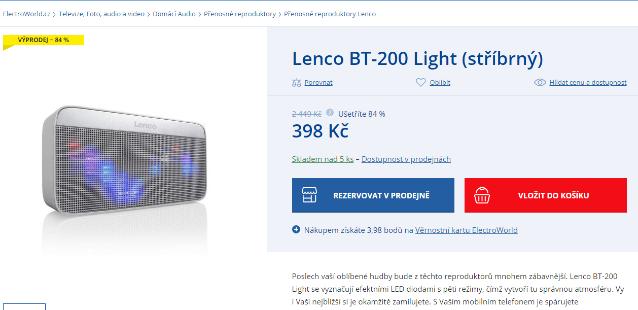BT repro se světlem Lenco 200, NFC