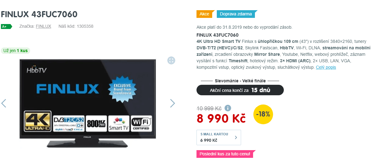 Ultra HD Smart TV, 109cm, Finlux