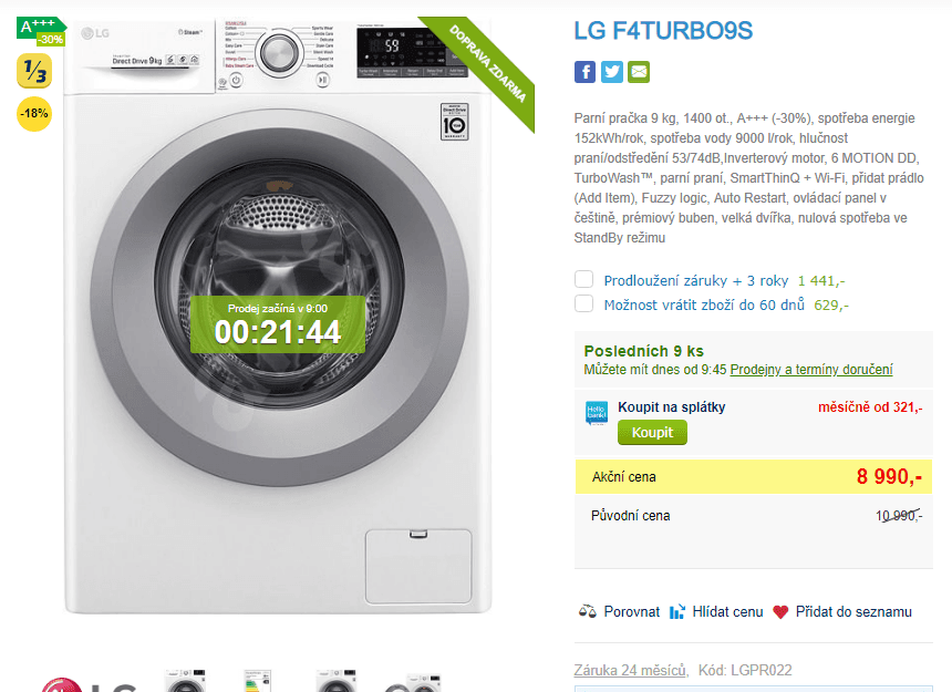 Parní pračka LG, 9kg, 1400 ot., A+++