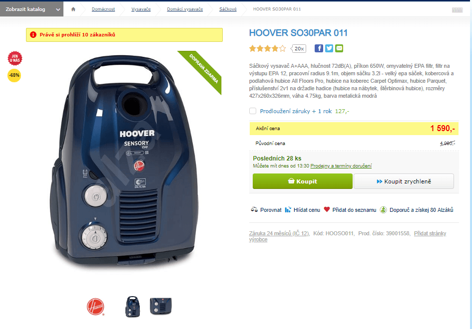 Sáčkový vysavač Hoover, A+, 650W