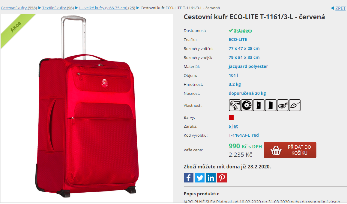Cestovní kufr Eco-Lite T-1161/3-L 110l