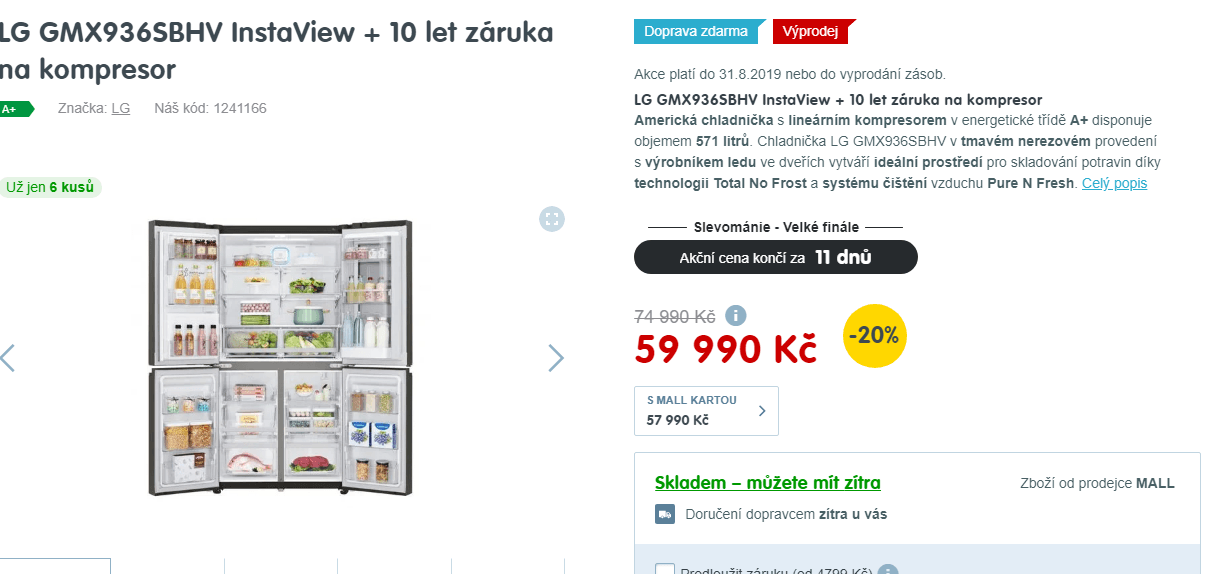 Americká lednice LG, Instaview, led, voda, 180 cm