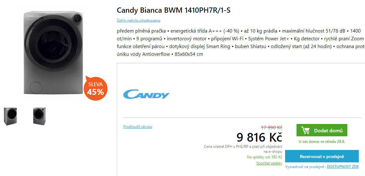 Pračka Candy, 10kg, 1400 ot., pára, A+++, Wifi