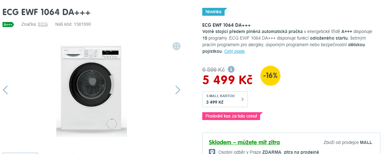 Pračka ECG, 6kg, 1000 ot., A+++