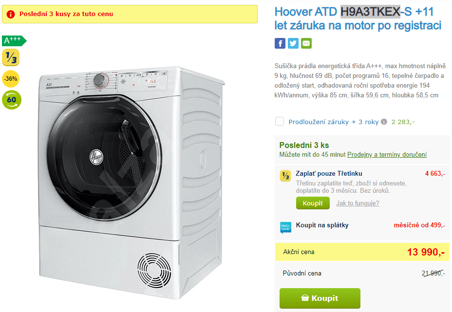 Sušička Hoover, 9kg, AI, A+++, NFC