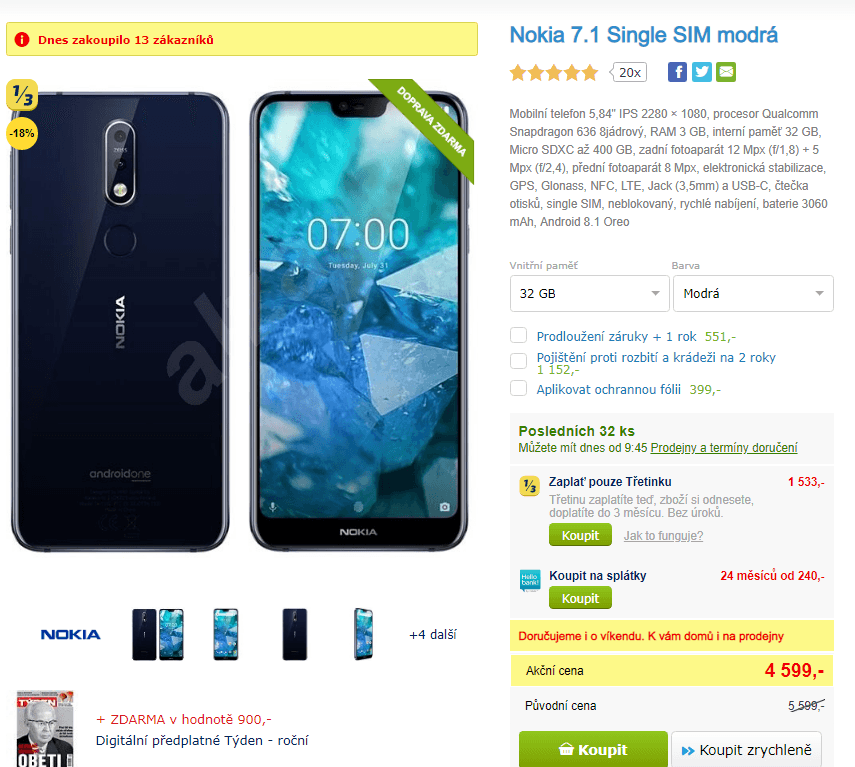 Nokia 7, 8x 1,8GHz, 3GB RAM, 5,84", LTE, NFC