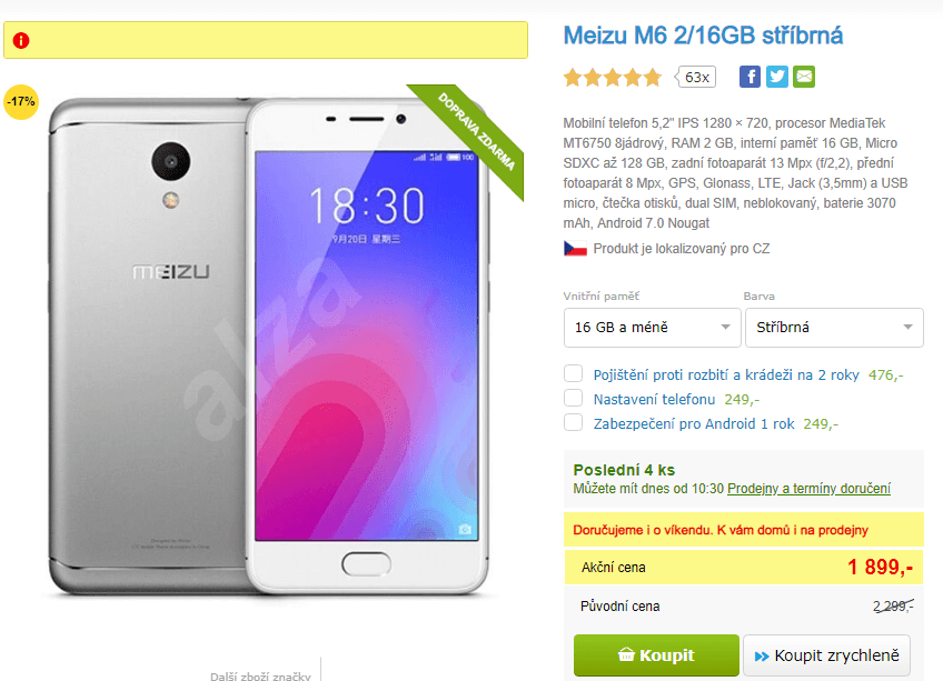 Meizu M6, 8x 1,4GHz, 2GB RAM, 5,2"