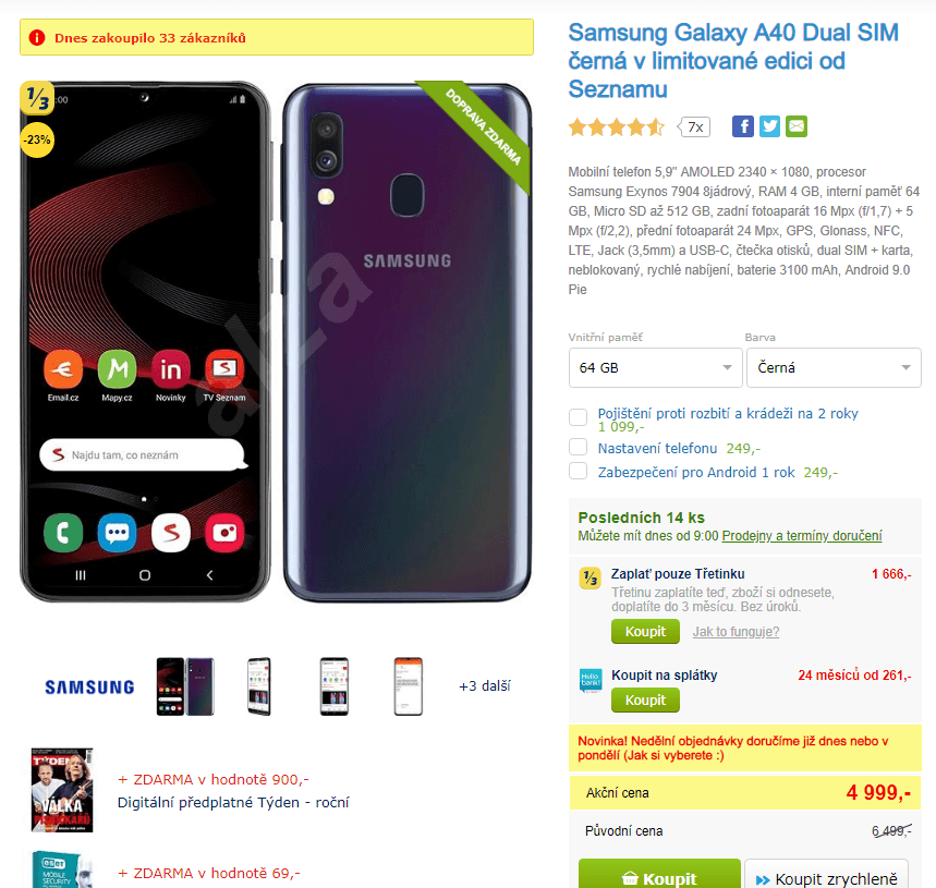 Samsung A40, 8x 1,8GHz, 4GB RAM, 5,9"