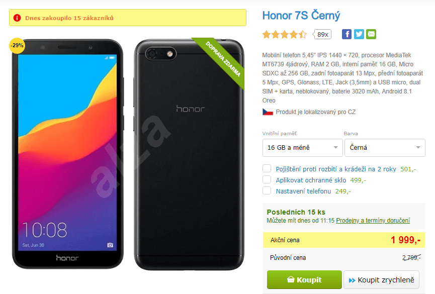 Honor 7S, 4x 1,5GHz, 2GB RAM, 5,45", LTE
