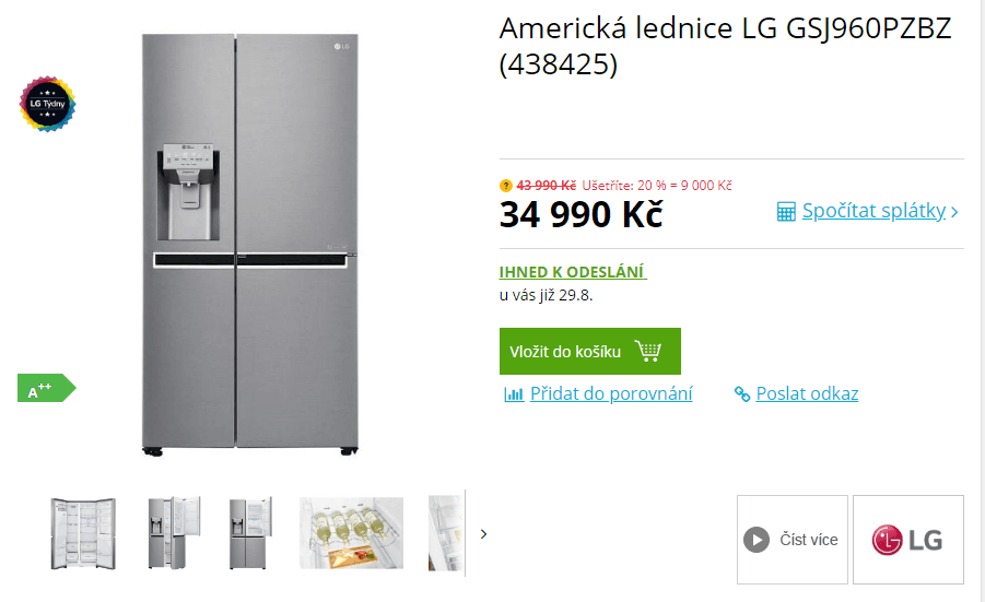 Americká lednice LG, led, voda, door in door