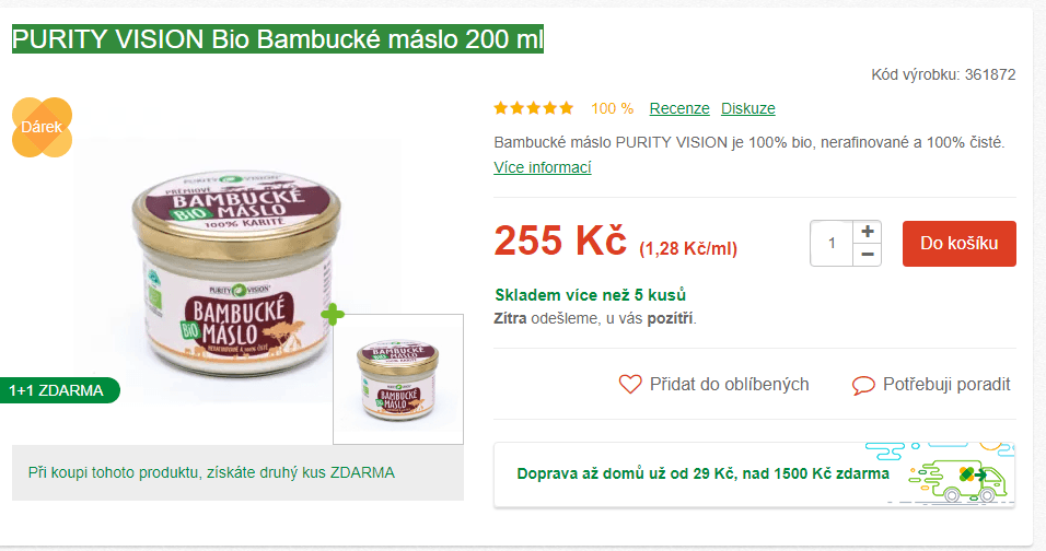 2x Bio Bambucké máslo Purity Vision 200 ml