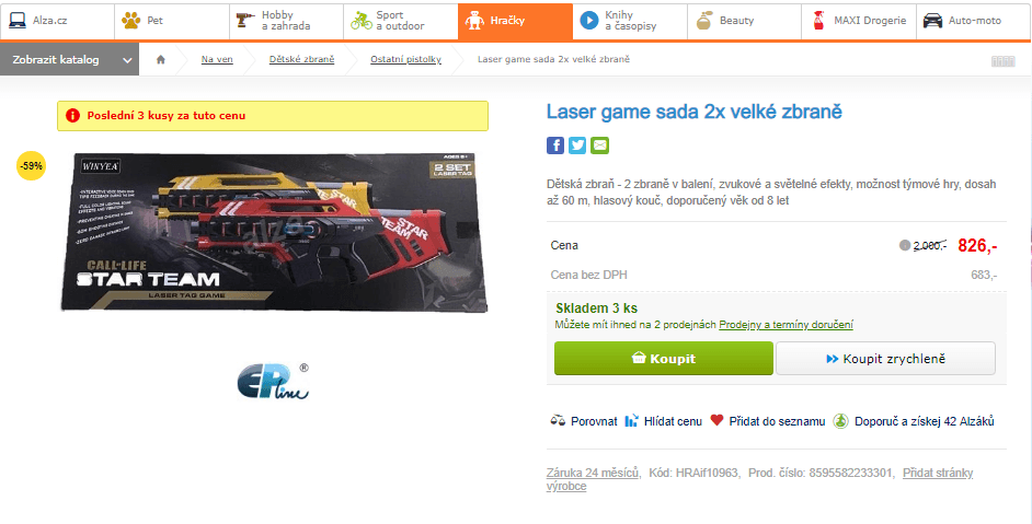 Laser game sada 2x velké zbraně