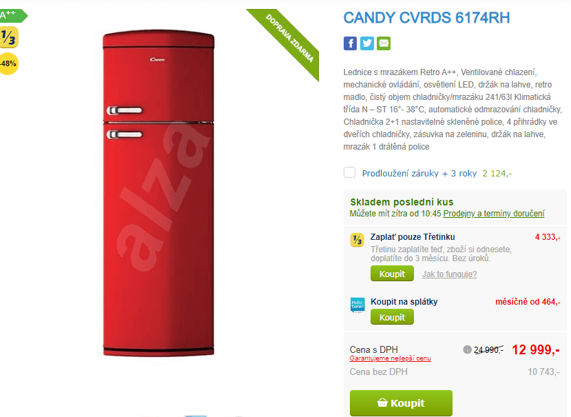 Retro lednice Candy, A++, 175cm