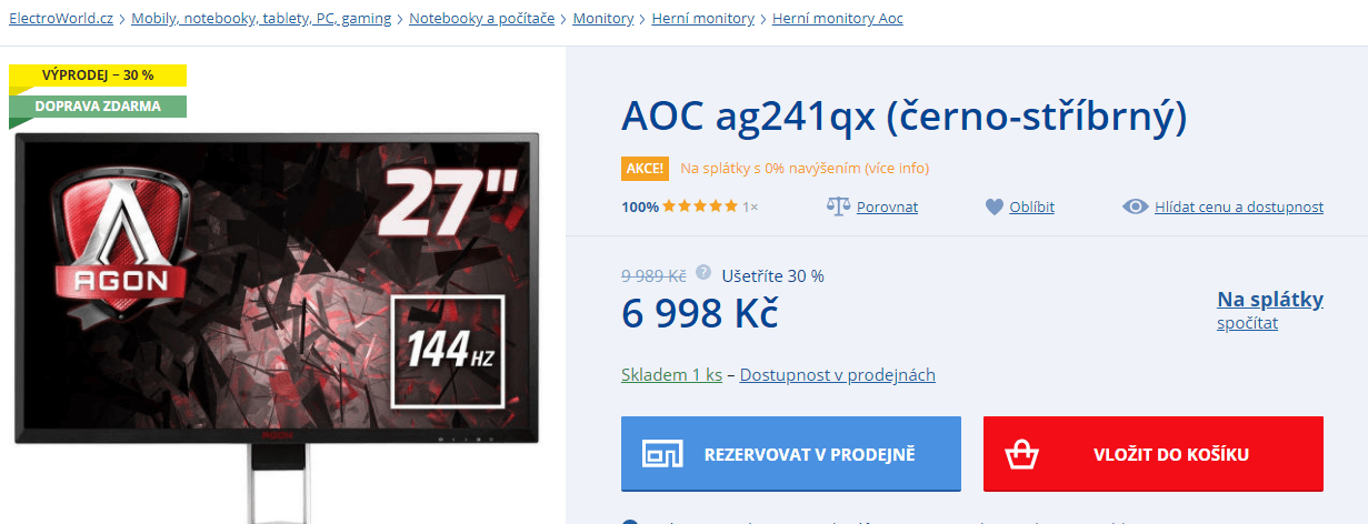 24" herní PC monitor AOC, repro, QHD