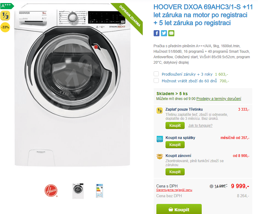 Pračka Hoover, 9kg, 1600 ot., pára, NFC