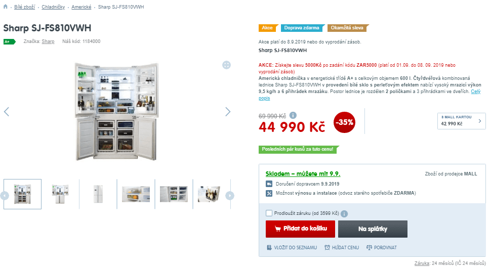 Americká lednice Sharp, led, A+, 600 litrů