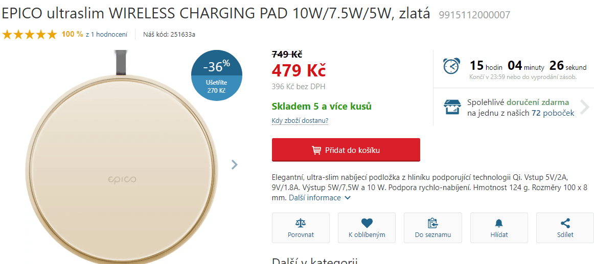 Bezdrátová rychlonabíječka Epico, 10W