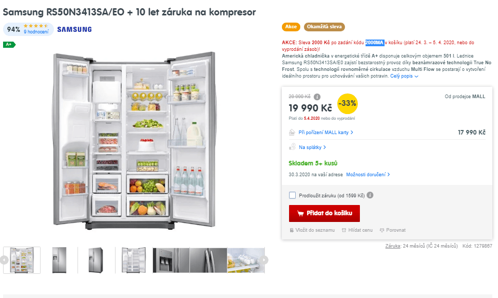 Americká lednice Samsung, led, voda, 179cm