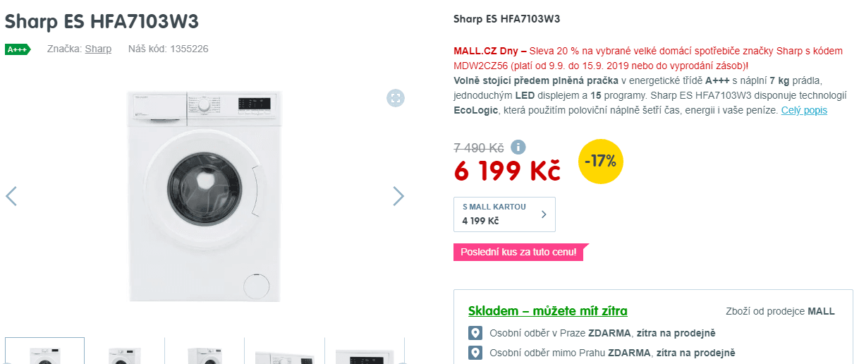 Pračka Sharp, 7kg, 1000 ot., A+++