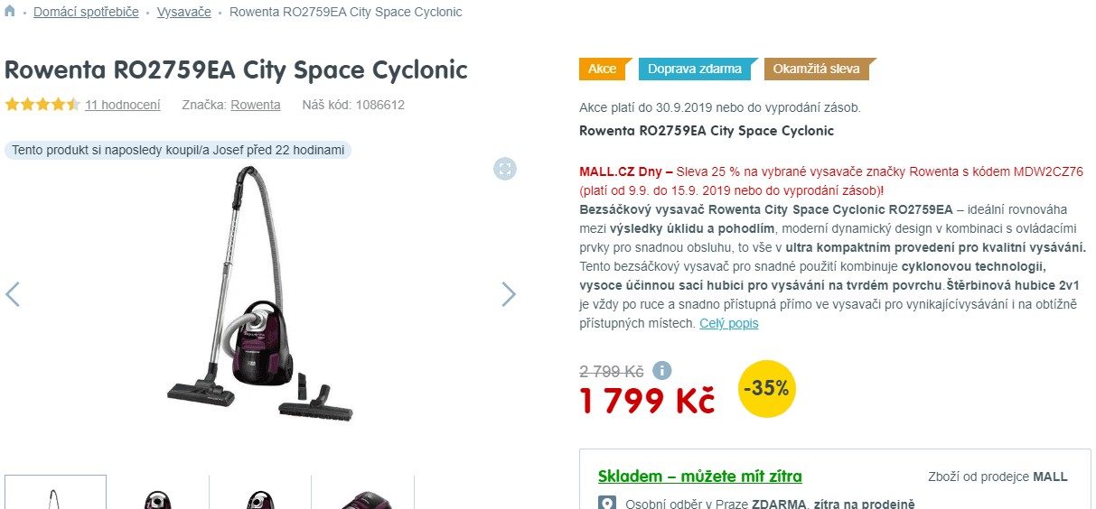 Bezsáčkový vysavač Rowenta, cyklón
