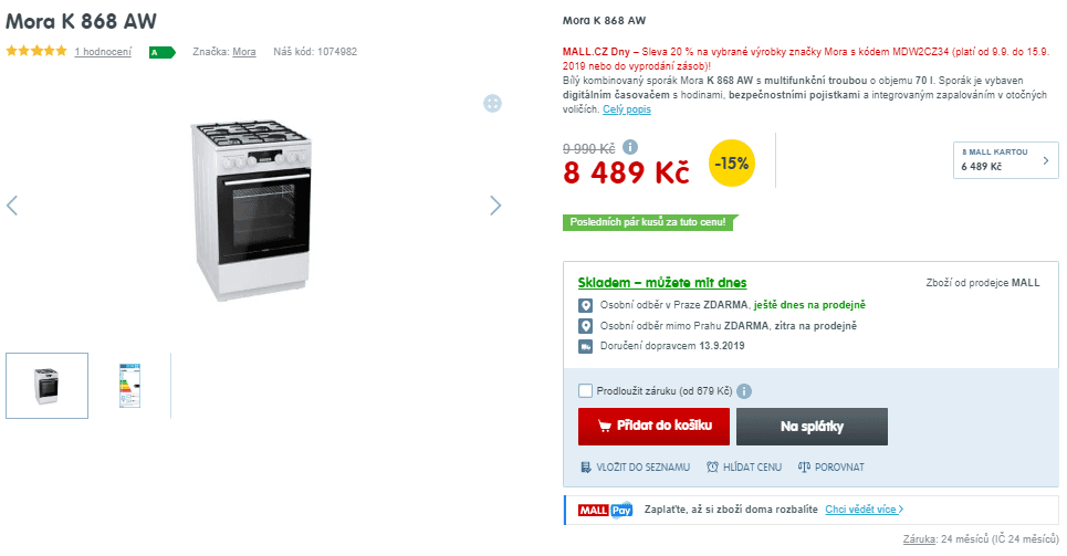 Komb. sporák Mora, gril, 70 litrů