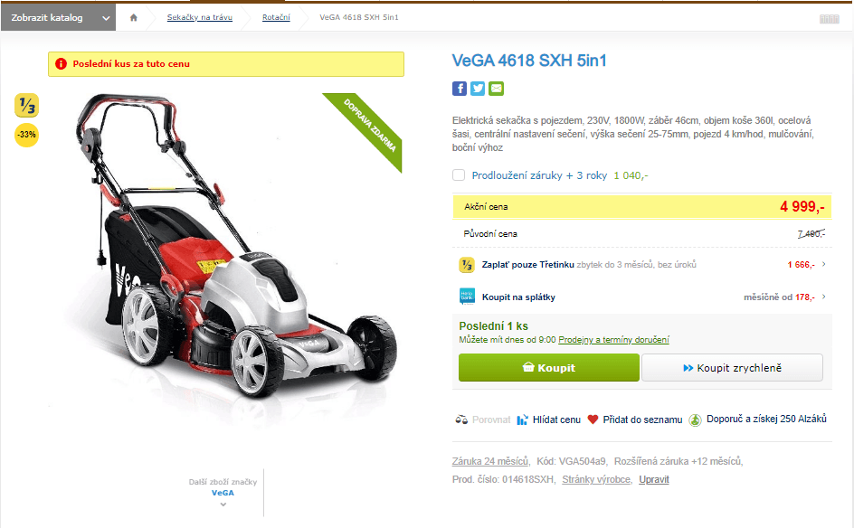 Elektrická sekačka VeGA, 1800W, 46 cm