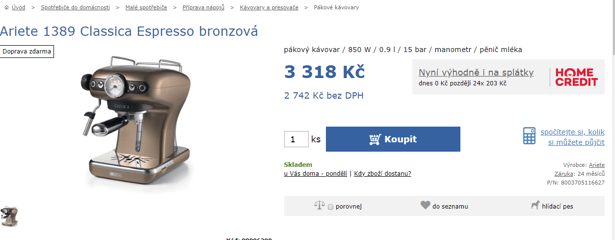 Pákové espresso Ariete, mletá káva i ESE pody