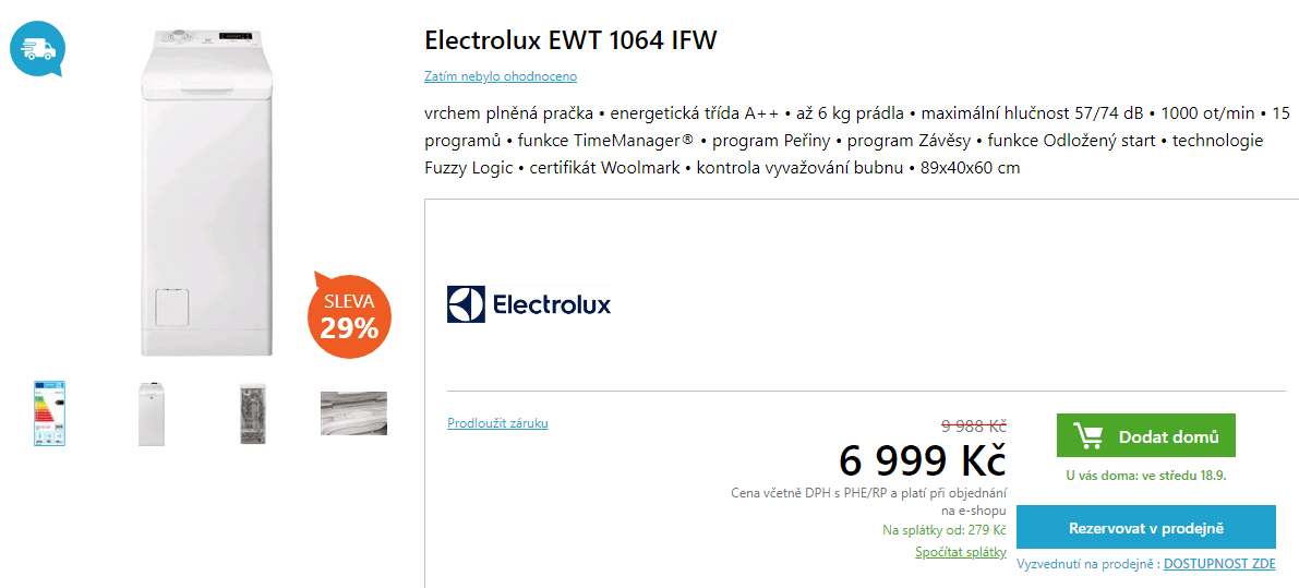 Pračka Electrolux, 6kg, 1000 ot., A++