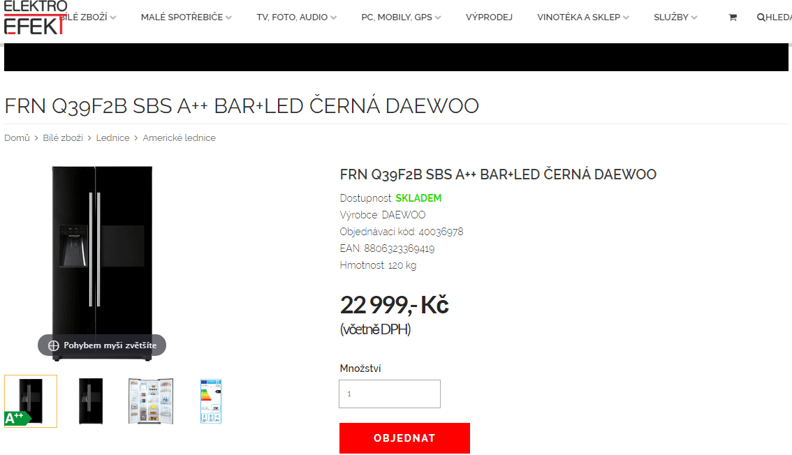 Americká lednice Daewoo, led, bar, A++