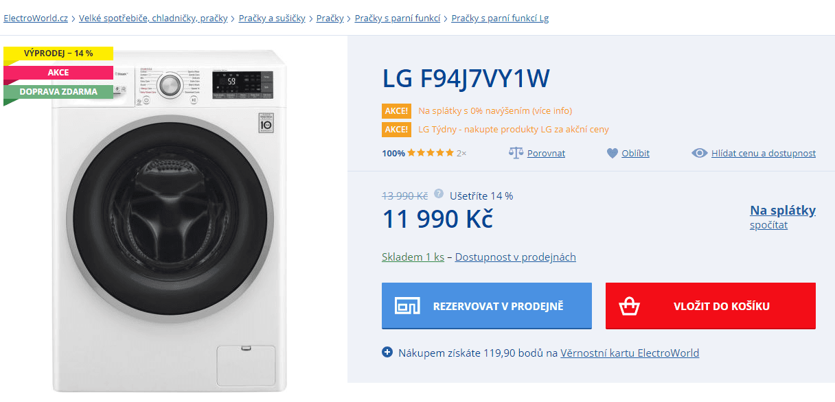 Pračka LG, 9kg, 1400 ot., A+++