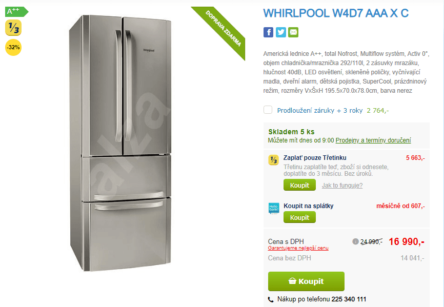 Americká lednice Whirlpool, 196cm, A++