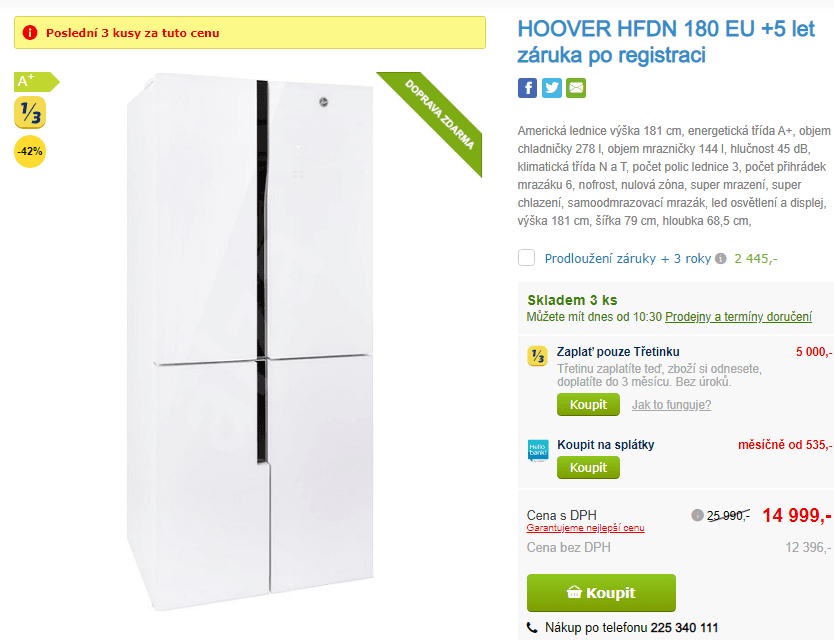 Americká lednice Hoover, A+, 188cm