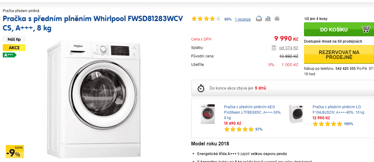 Pračka Whirlpool, 8kg, 1200 ot., pára, A+++