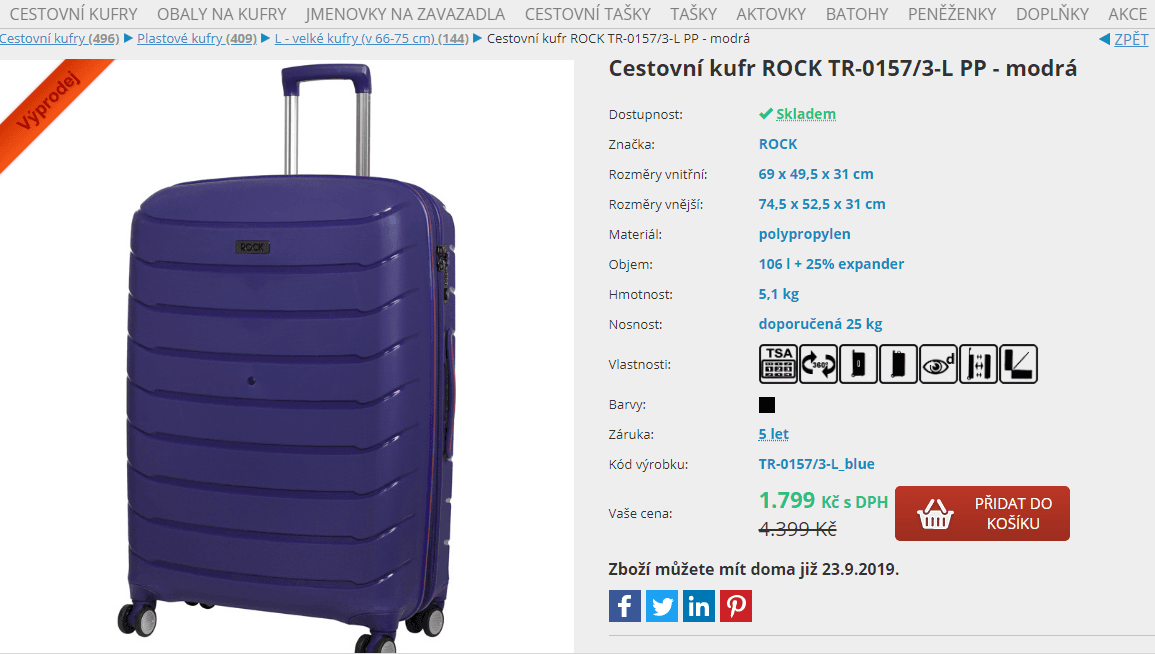 Cestovní kufr Rock, L, 133 litrů, 74,5 cm