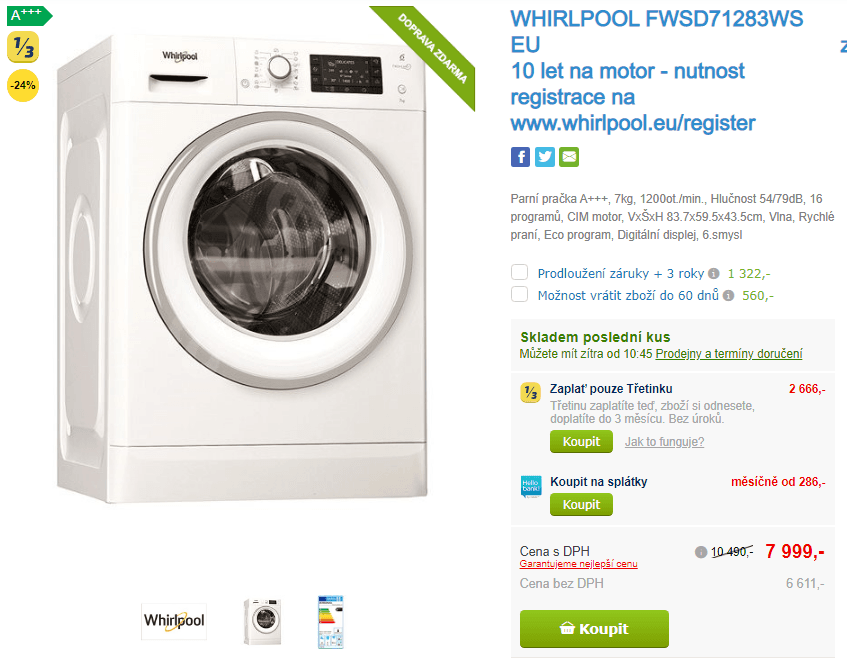 Parní pračka Whirlpool, 7kg, 1200 ot., A+++