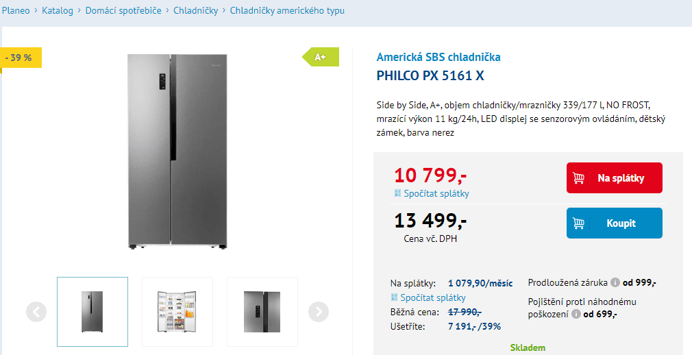 Americká lednice Philco, A+, no frost