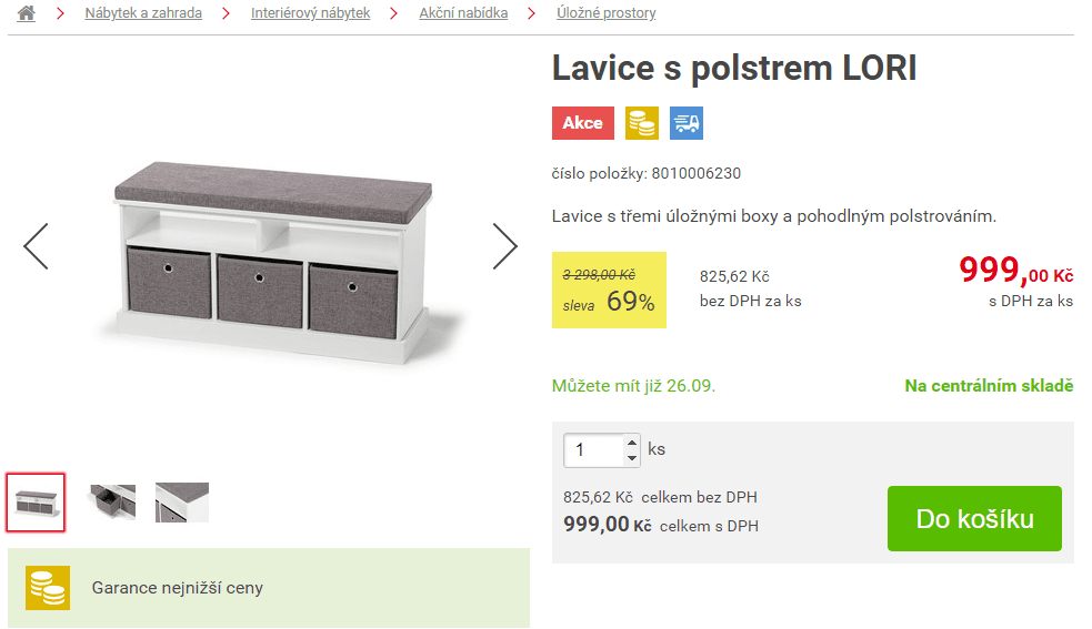 Polstrovaná lavice s 3 boxy Lori