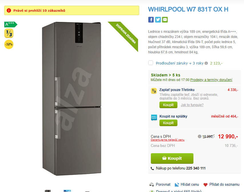 Lednice Whirlpool, no frost, A+++, 189cm