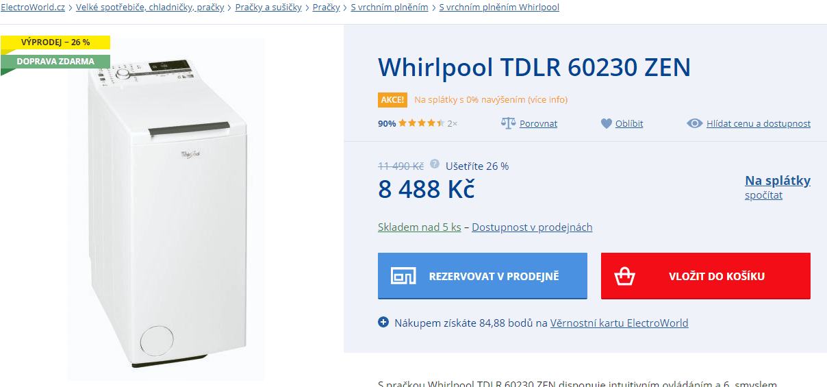 Pračka Whirlpool ZEN, 6kg, 1200 ot., A+++