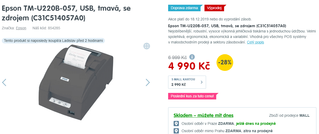 Jehličková pokladní tiskárna Epson