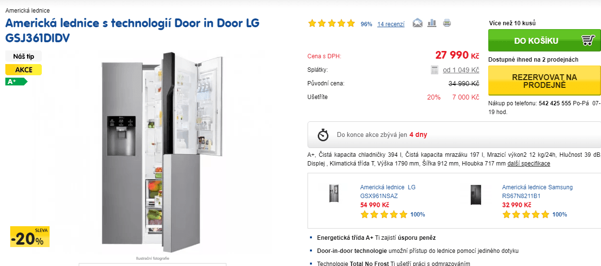 Americká lednice LG, led, voda, door in door