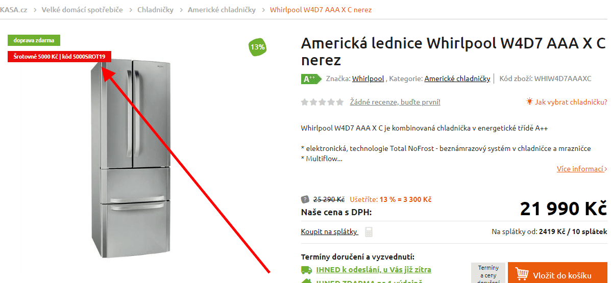 Americká lednice Whirlpool, 196cm, A++